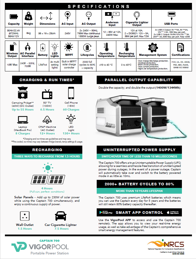 Specifications for  Vigorpool 700 premium portable power station.