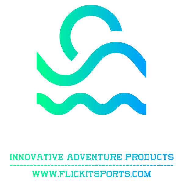 Green and blue logo of Flickitsports watersports goods.