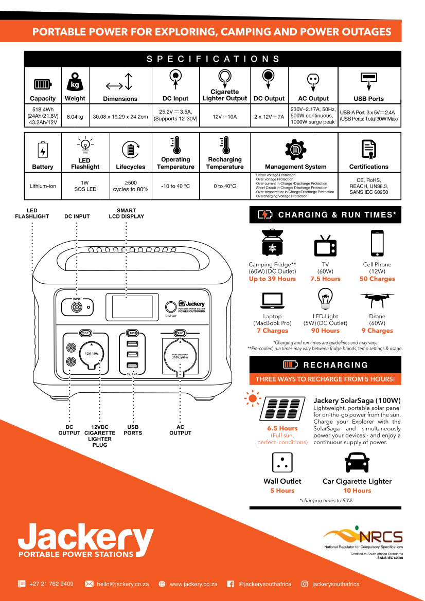 Specifications for Jackery Explorer 500 portable power station.