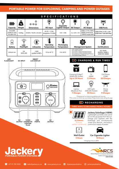 Specifications for Jackery Explorer 500 portable power station.