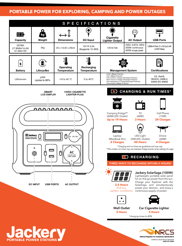 Specifications for Jackery Explorer 250 portable power station.